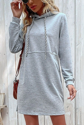 WOMEN DRAWSTRING HOODED SIDE POCKET MID DRESS Semi Fit Romantic Soft