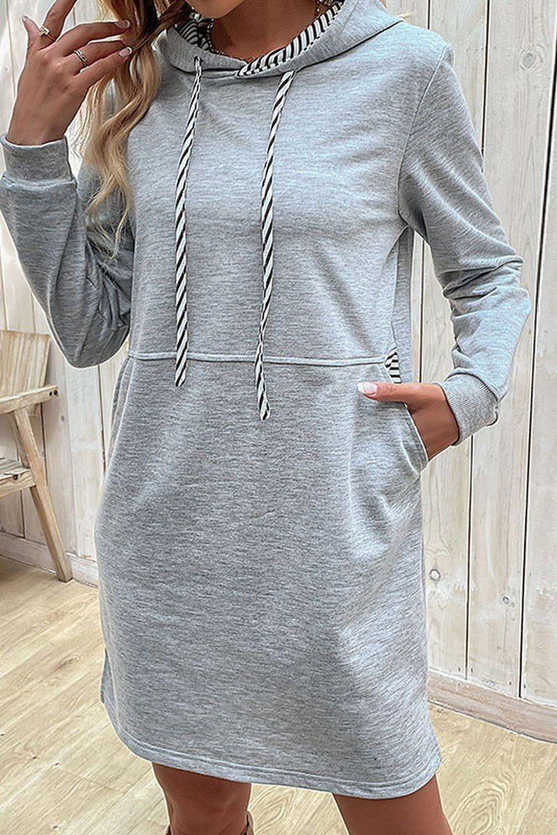 WOMEN DRAWSTRING HOODED SIDE POCKET MID DRESS Modern Twist Color Soft