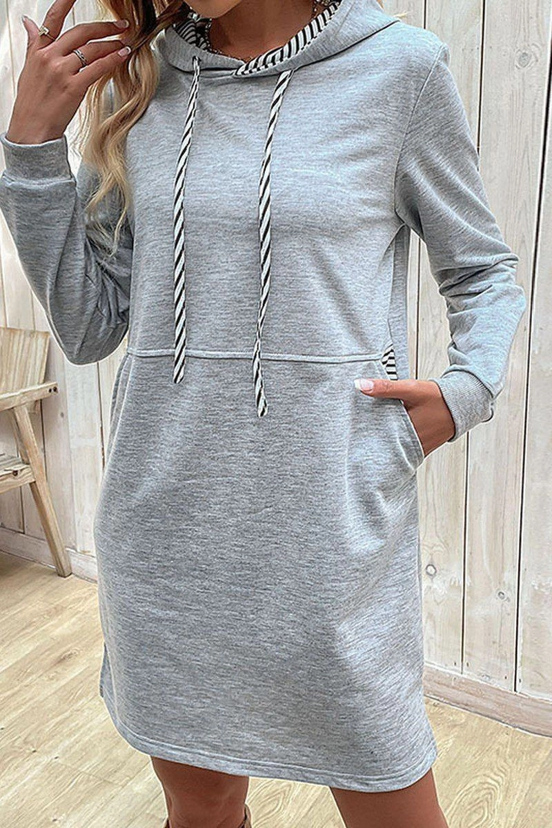 WOMEN DRAWSTRING HOODED SIDE POCKET MID DRESS Subtle Mood