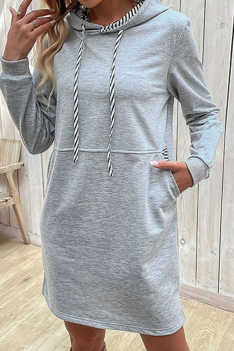 WOMEN DRAWSTRING HOODED SIDE POCKET MID DRESS Comfy Flex