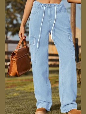 WOMEN ELASTIC DRAWSTRING WAIST CASUAL JEANS Practical Style