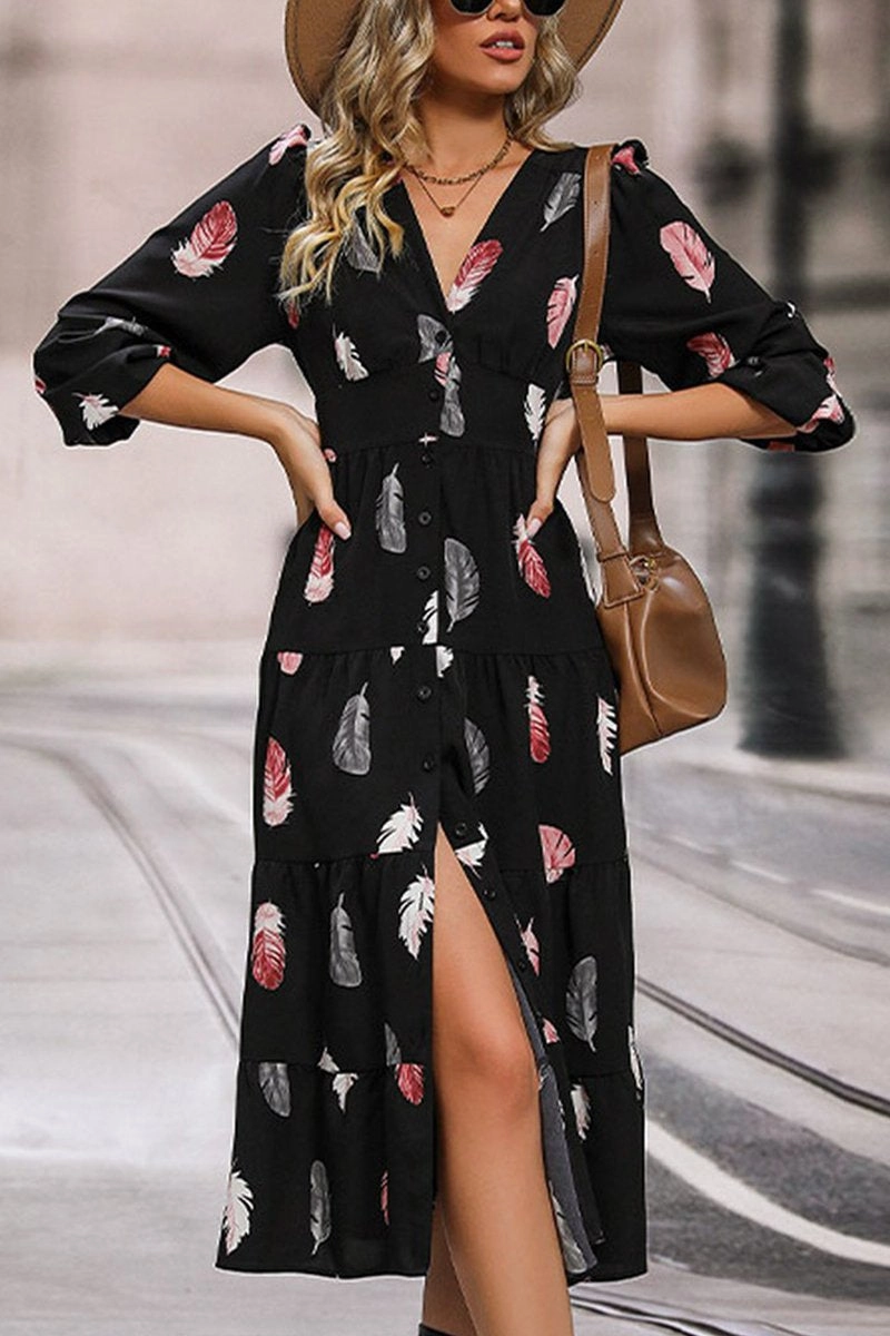 Calm Silhouette Flattering Style Fit WOMEN FEATHER PRINTING LONG SLEEVE V NECK DRESS