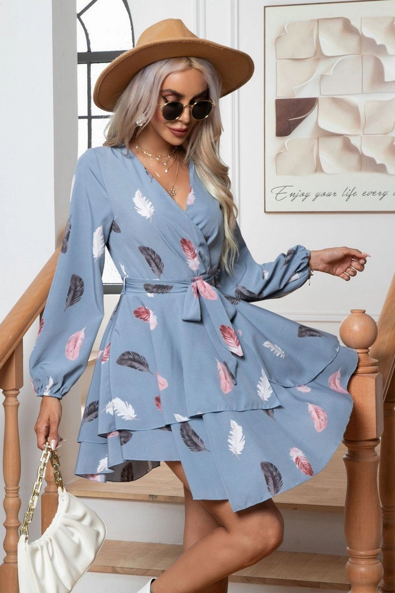 WOMEN FEATHER PRINTING MULTILAYER HEM V NECK DRESS Fine Details