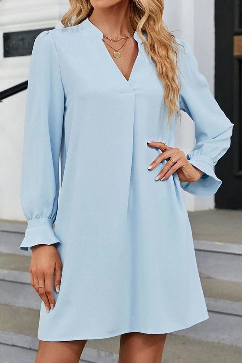 WOMEN FRILLED LONG SLEEVE V NECK SOLID DRESS Air Touch Smooth Layering