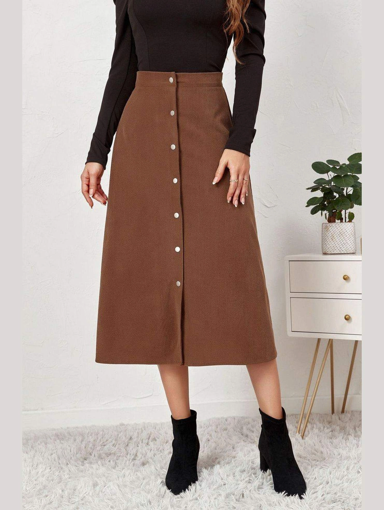WOMEN FRONT BUTTON UP CORDUROY A LINE MIDI SKIRT OdorResistantTreatment No Ride-Up