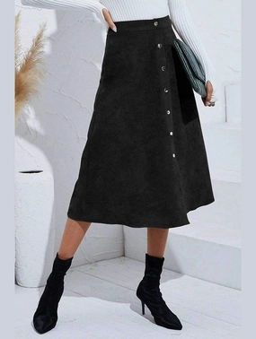 windproof WOMEN FRONT BUTTON UP CORDUROY A LINE MIDI SKIRT