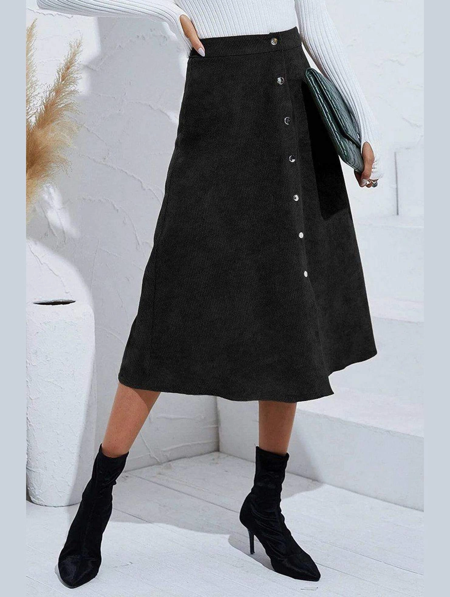 Breathable wear WOMEN FRONT BUTTON UP CORDUROY A LINE MIDI SKIRT