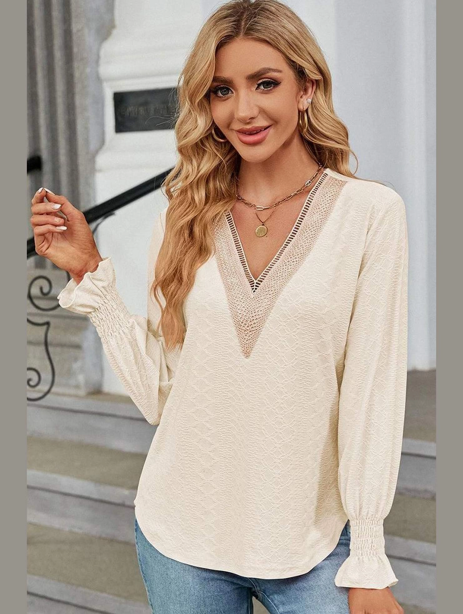 FadeResistantTechnology FlexibleSole WOMEN GUIPURE LACE TRIM NECK RUFFLE SLEEVE BLOUSE