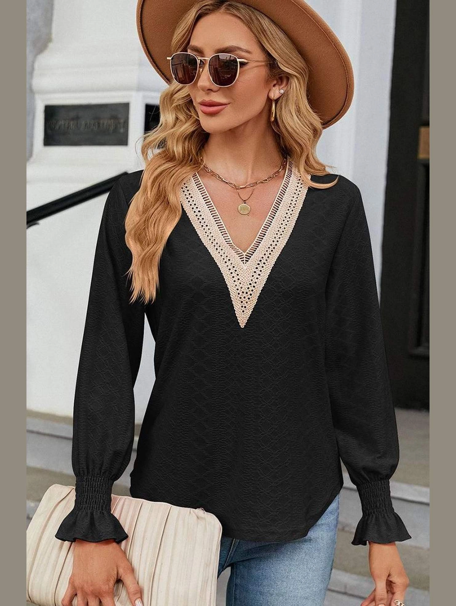 Durable Reinforced Elbow Patches Weighted Hem Trim WOMEN GUIPURE LACE TRIM NECK RUFFLE SLEEVE BLOUSE