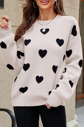 ContrastTipping Laser Cut Edges WOMEN HEART PRINTING CUTE PULL OVER SWEATER