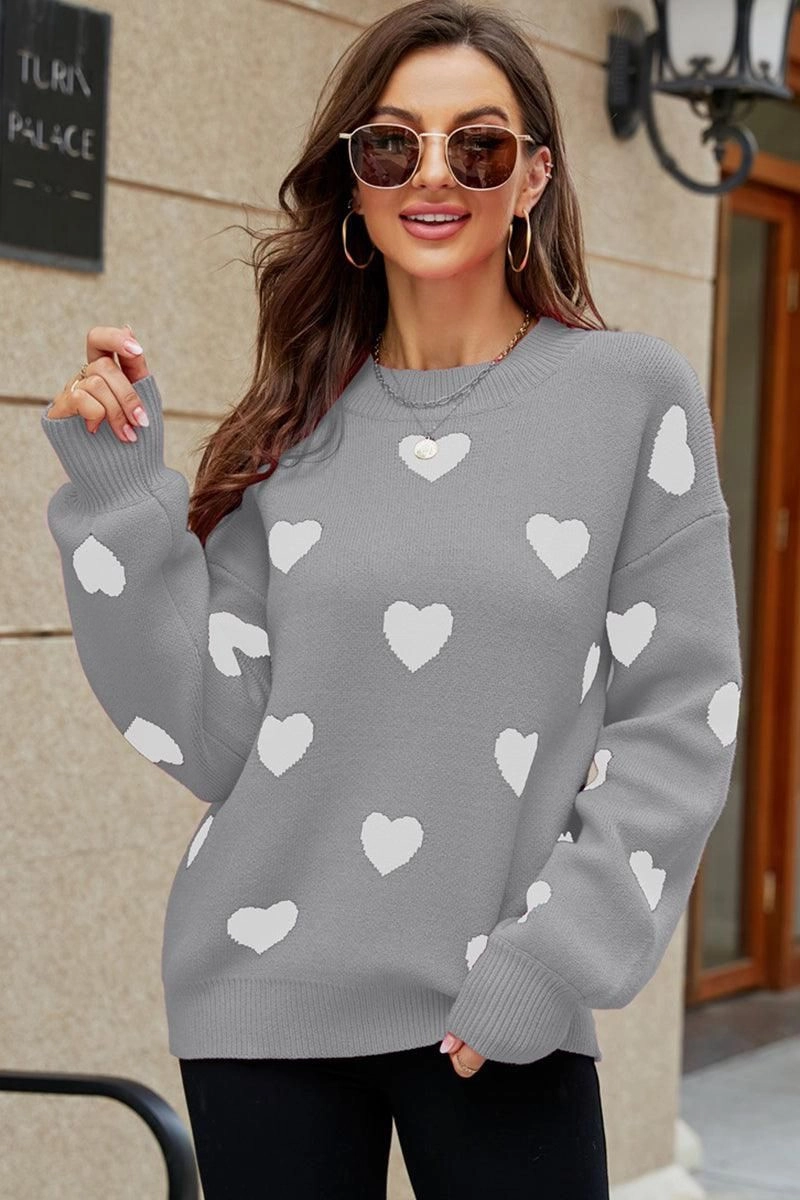 WOMEN HEART PRINTING CUTE PULL OVER SWEATER GarmentWashed Softness
