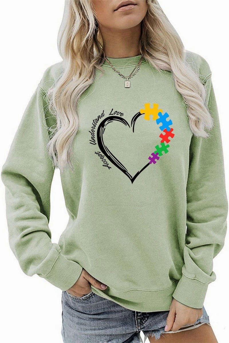 WOMEN HEART PRINTING LONG SLEEVE FALL WINTER TEE Hydrophobic Surface Treatment Anti Pilling Treatment