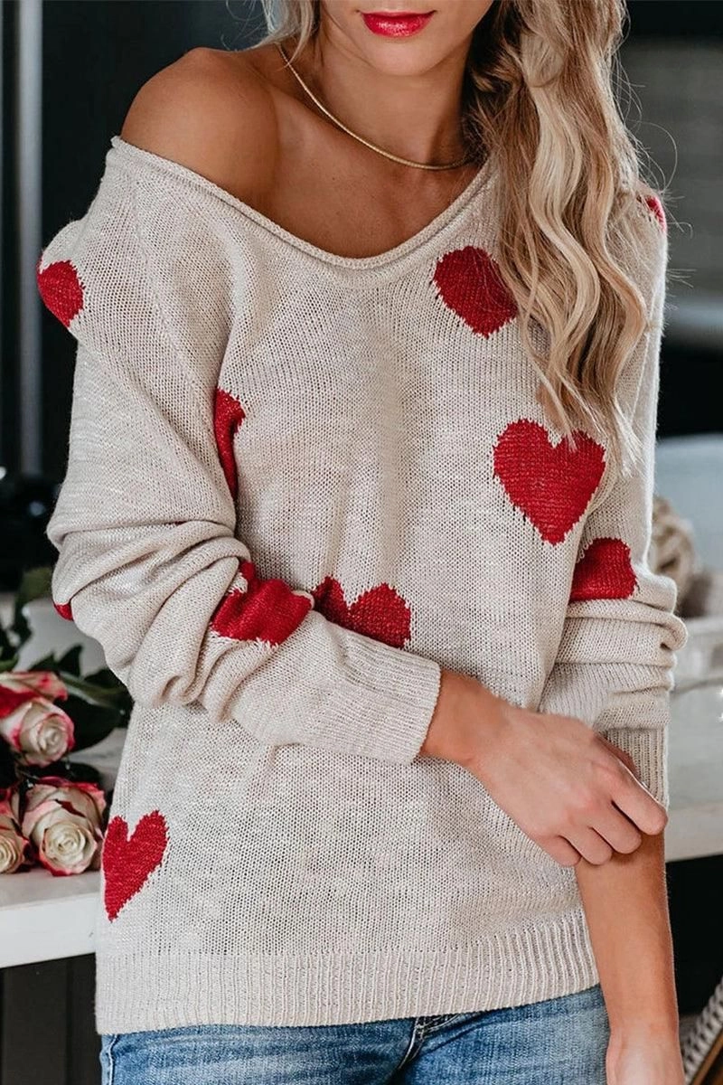 Durable Color Retention Biodegradable Fiber WOMEN HEART PRINTING LOOSE FIT KNIT SWEATER