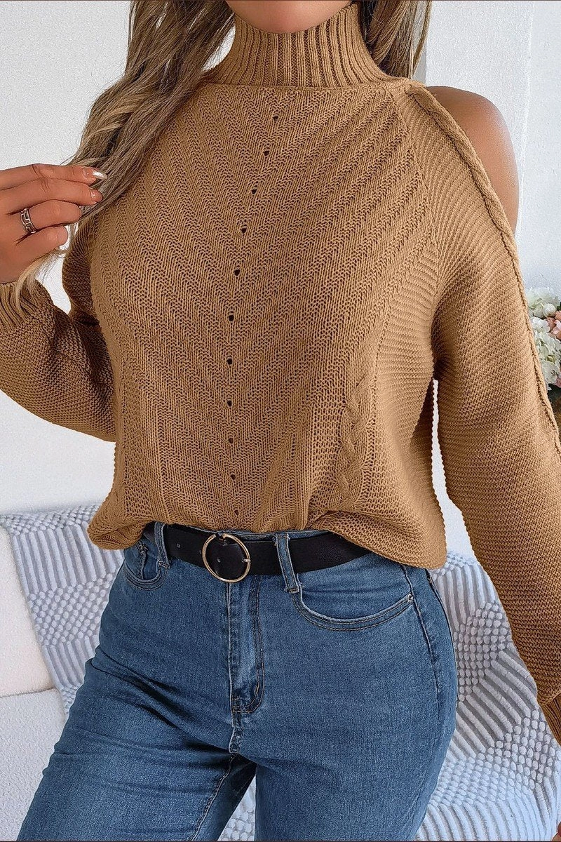 WOMEN HIGH NECK CUT OUT SHOULDER KNIT SWEATSHIRT Airflow Optimized Weave Odor Resistant