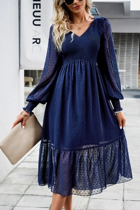 WOMEN LACE HEM V NECK HIGH WAIST SWING DRESS Silky Touch Flattering Wearable