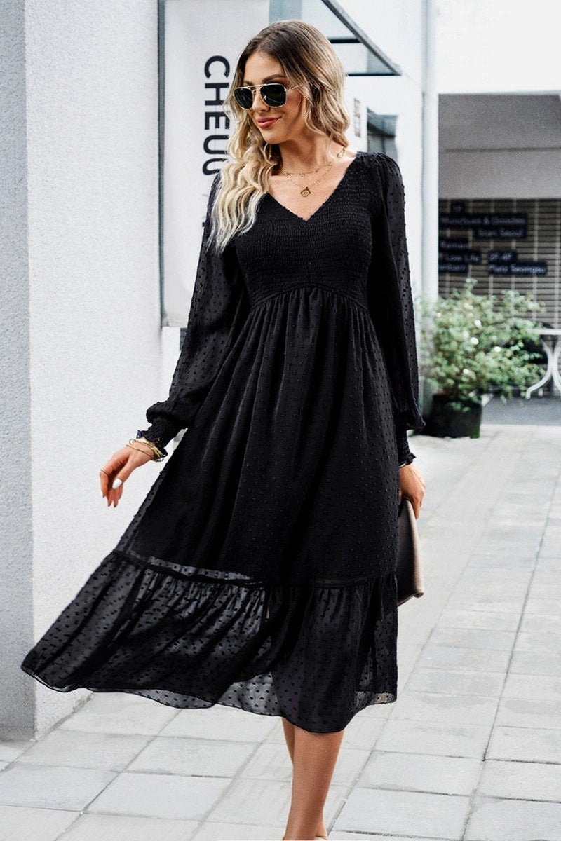 Subtle tone WOMEN LACE HEM V NECK HIGH WAIST SWING DRESS