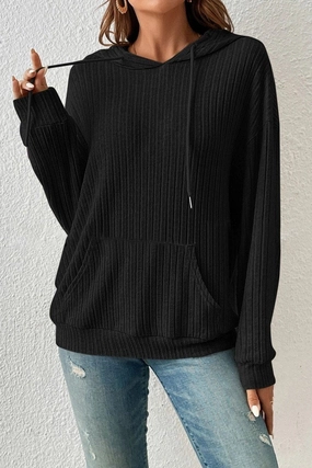 Smooth Stitching WOMEN LONG SLEEVE RIB POCKET PULLOVER HOODIE