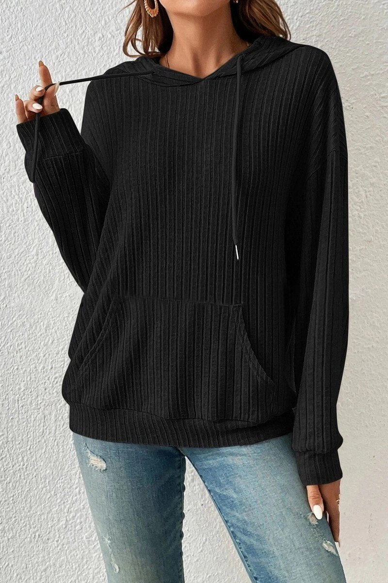 WOMEN LONG SLEEVE RIB POCKET PULLOVER HOODIE MicrofiberBlend Easy to Wear