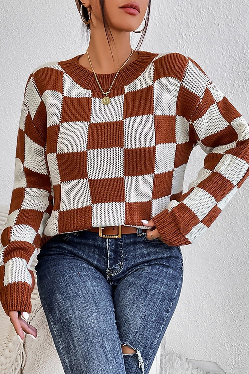 MultiDirectionalStretch WOMEN LOOSE FIT RIBBED PLAID PATTERN KNIT SWEATER