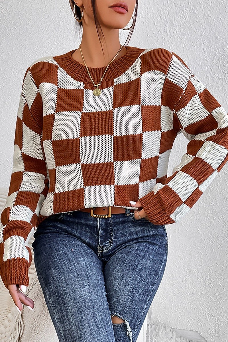 MeshLining WOMEN LOOSE FIT RIBBED PLAID PATTERN KNIT SWEATER
