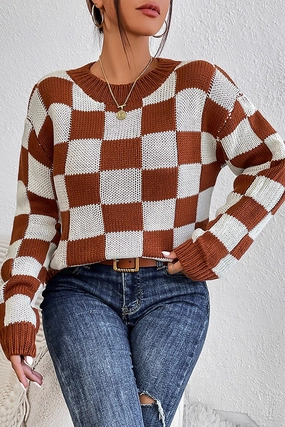 Classic Tank Luxurious Feel WOMEN LOOSE FIT RIBBED PLAID PATTERN KNIT SWEATER
