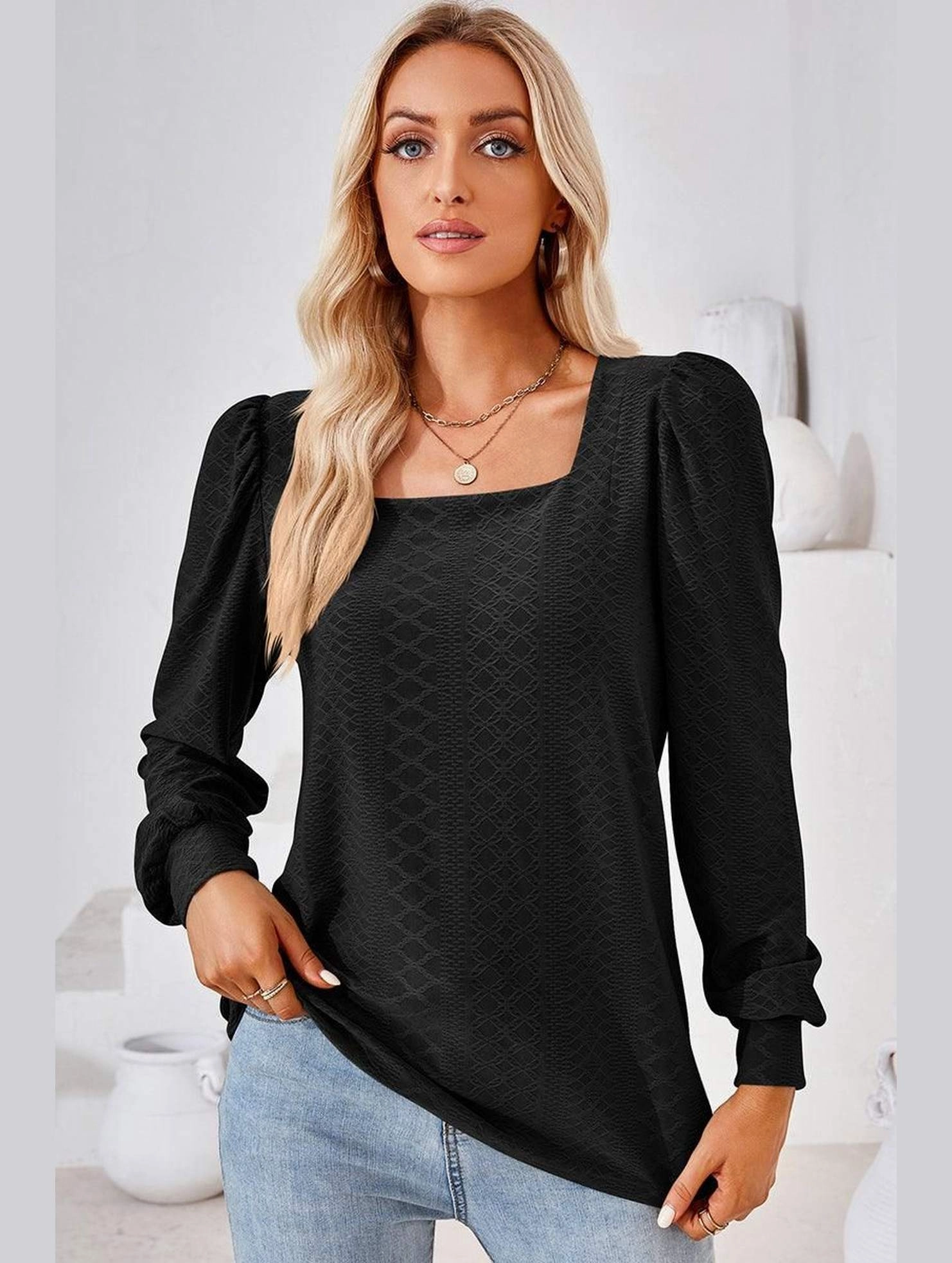 Reflective Safety Accents WOMEN PATTERN STITCHED SQUARE NECK PUFF SLEEVE TOP