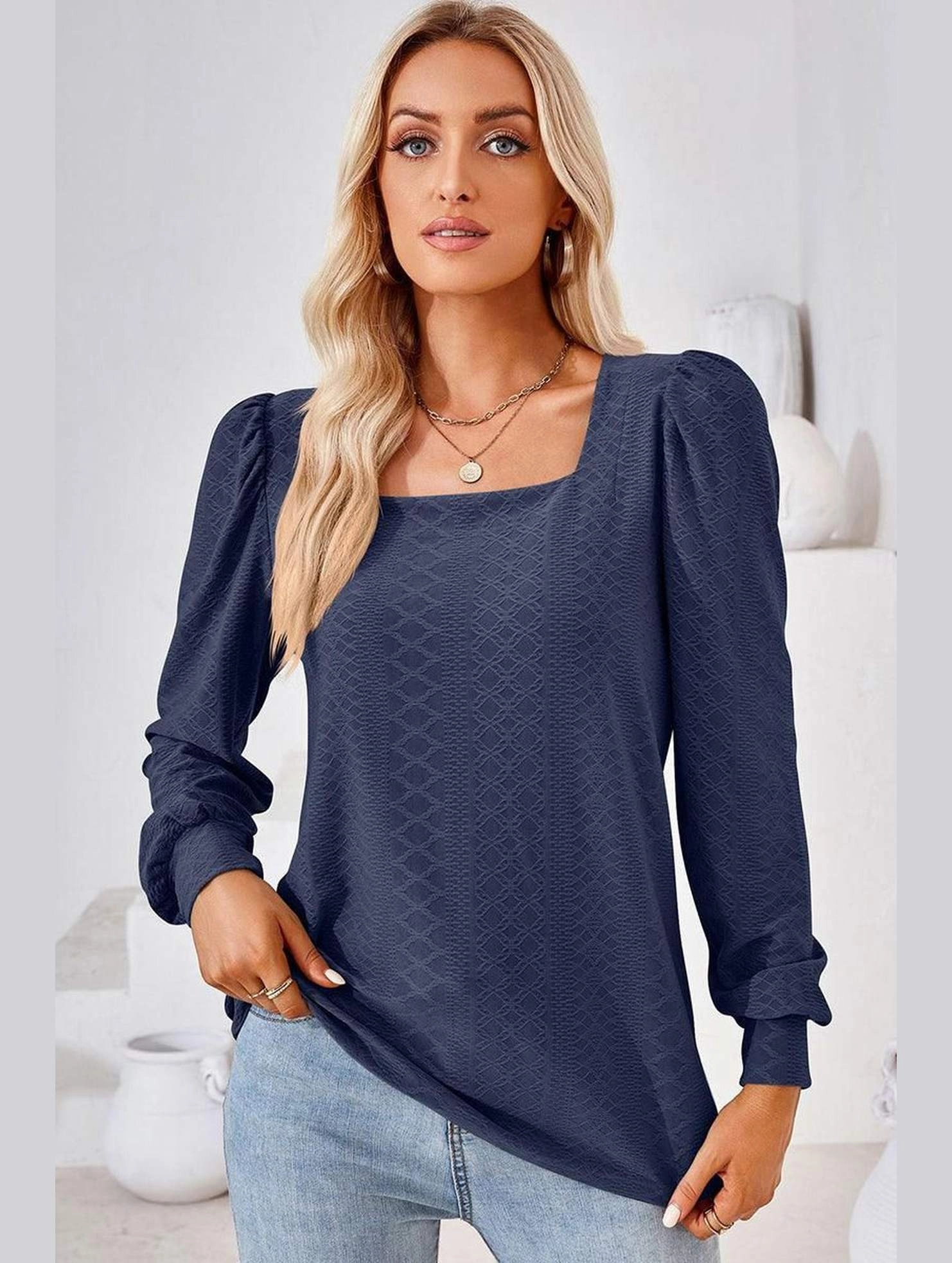 WOMEN PATTERN STITCHED SQUARE NECK PUFF SLEEVE TOP TailoredCut