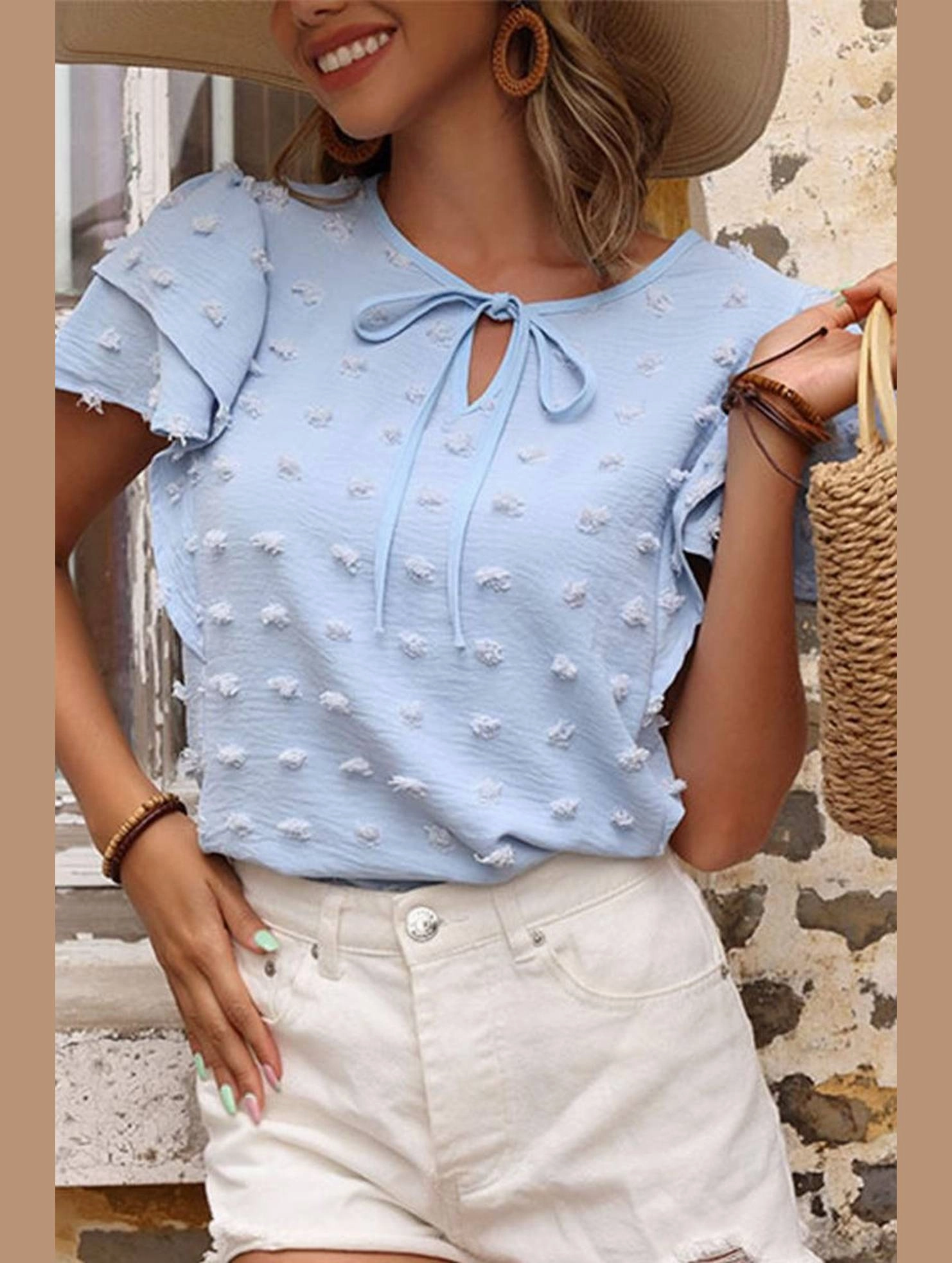 NonChafing Fabric ReflectiveDetails WOMEN PETAL SLEEVE SWISS DOT BLUE TEE