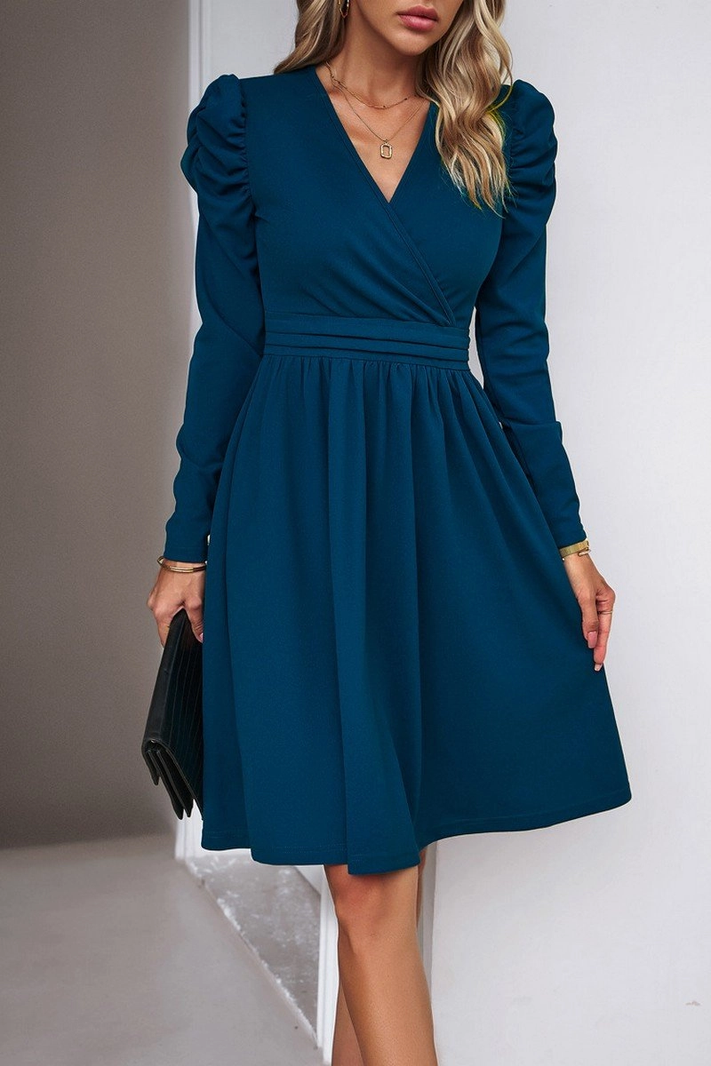 WOMEN PUFF SLEEVE V NECK WARP STYLE SWING DRESS Mood Focused Cool Form