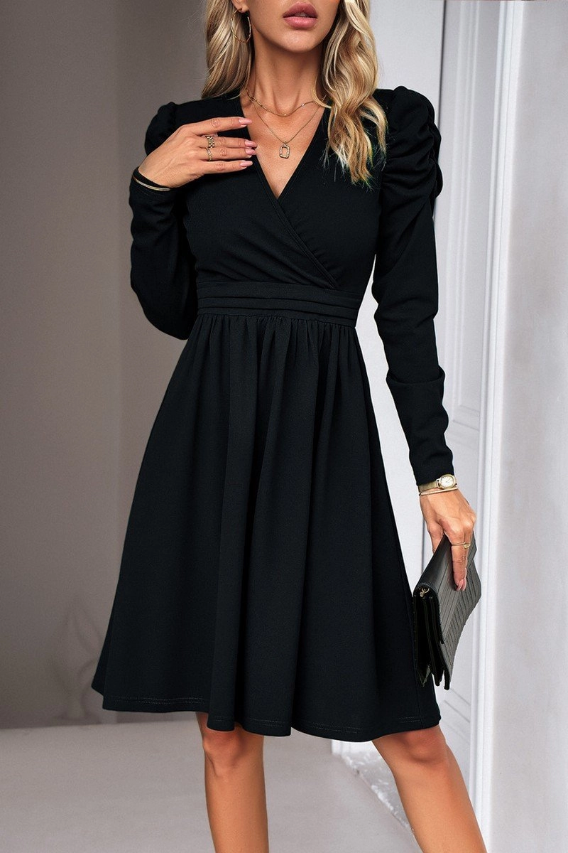 Day To Night WOMEN PUFF SLEEVE V NECK WARP STYLE SWING DRESS