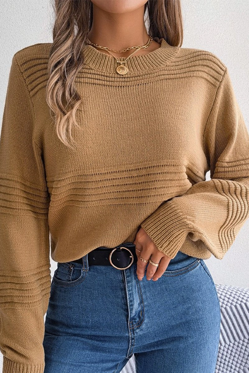 WOMEN RIBBED CREWNECK LOOSE FIT KNITTED SWEATER SelfFabric Binding