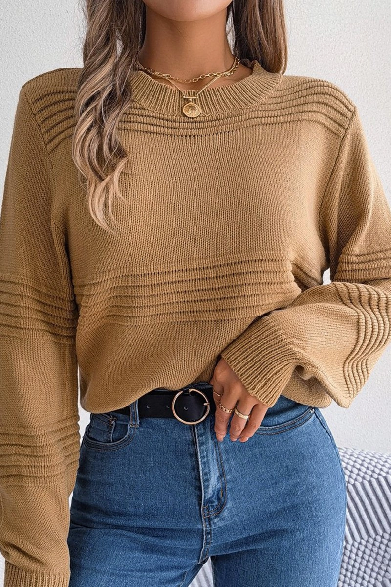 WOMEN RIBBED CREWNECK LOOSE FIT KNITTED SWEATER Tagless Labeling Reinforced Shoulders