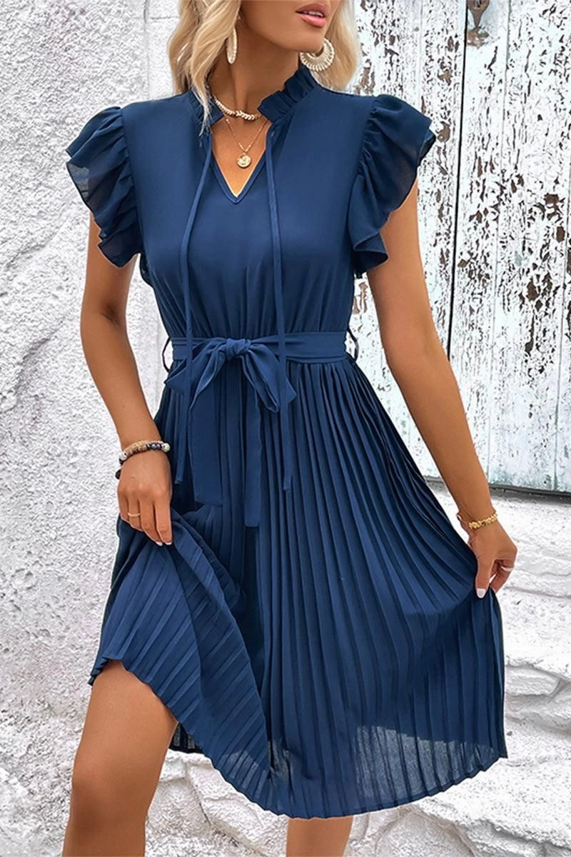 WOMEN RUFFLED HIGH NECK PLEATED KNEE LENGTH DRESS Simple Touch