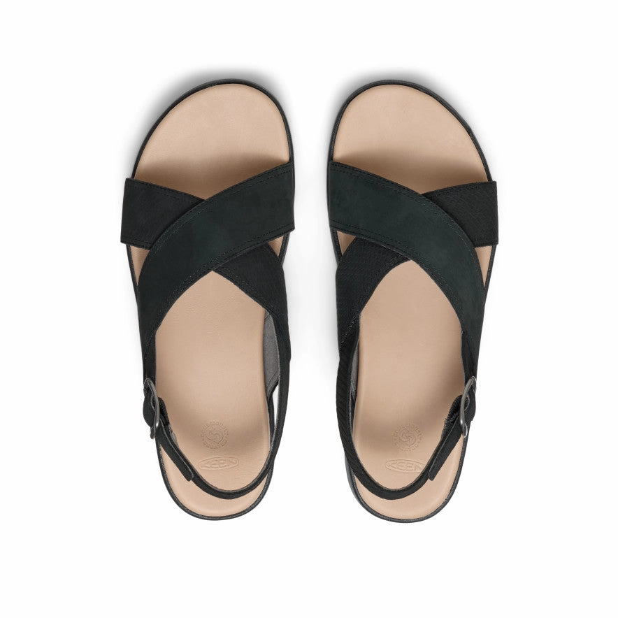 Women's Elle Luxe Cross Strap Sandal  |  Black/Black Seam Free Toe Box Long Step