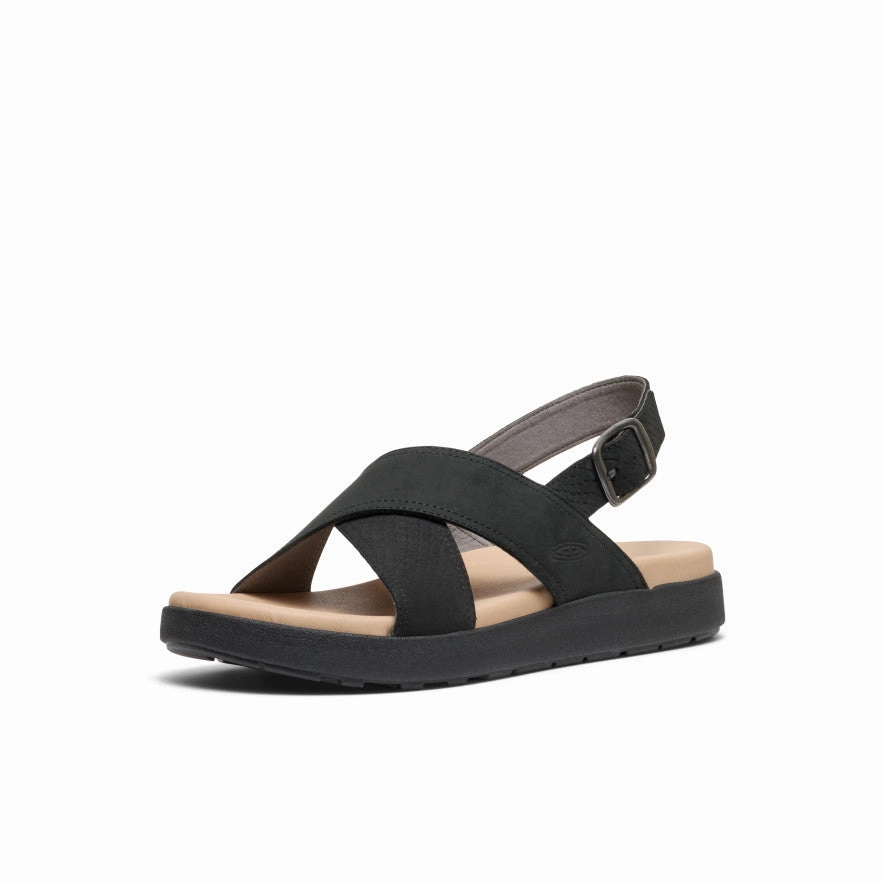 Ultraviolet Resistant Webbing cushioning technology Women's Elle Luxe Cross Strap Sandal  |  Black/Black