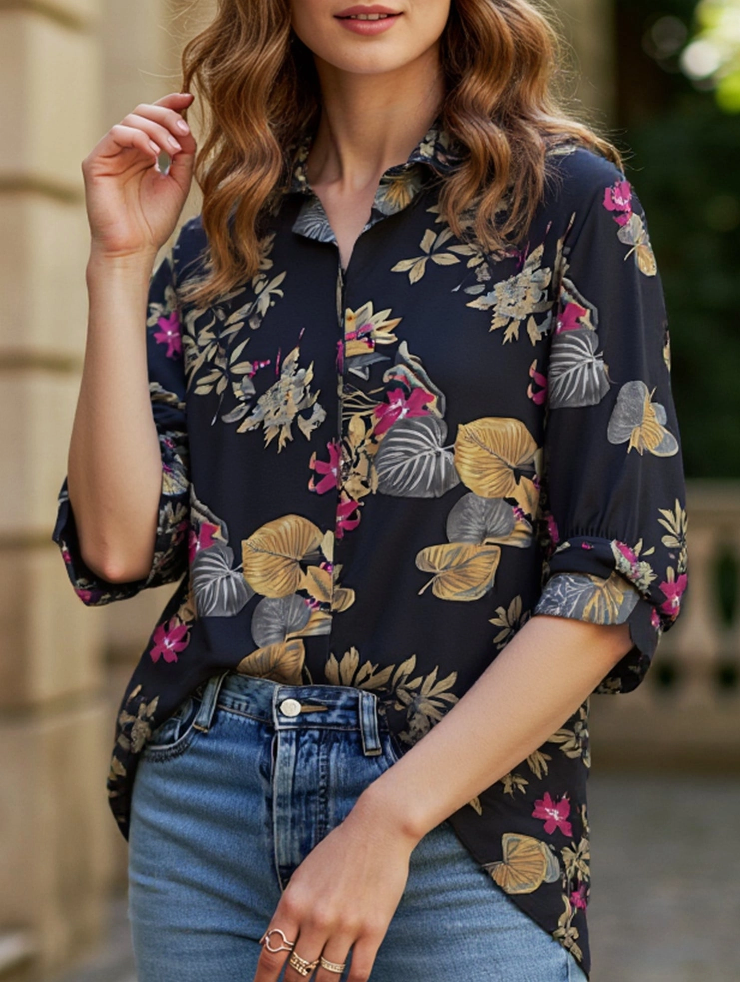 Women's Floral Print Button-Down Collar Shirt LightweightLayeredFabric