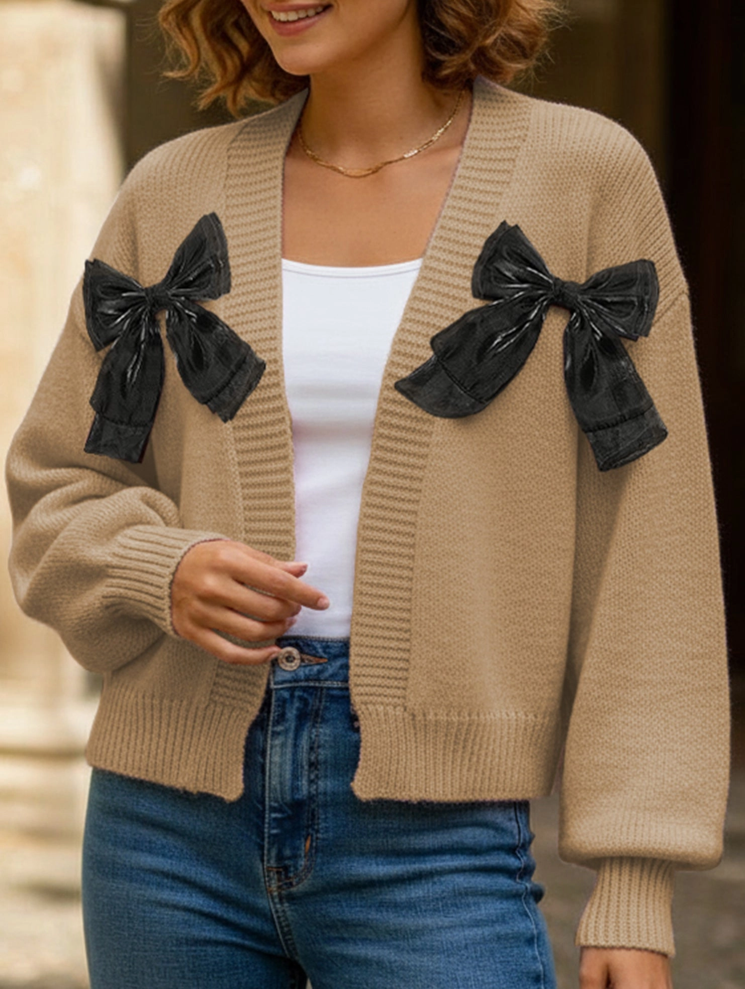 HighDurabilityWeave Women's Ribbon Bow Spliced Cardigan Sweater
