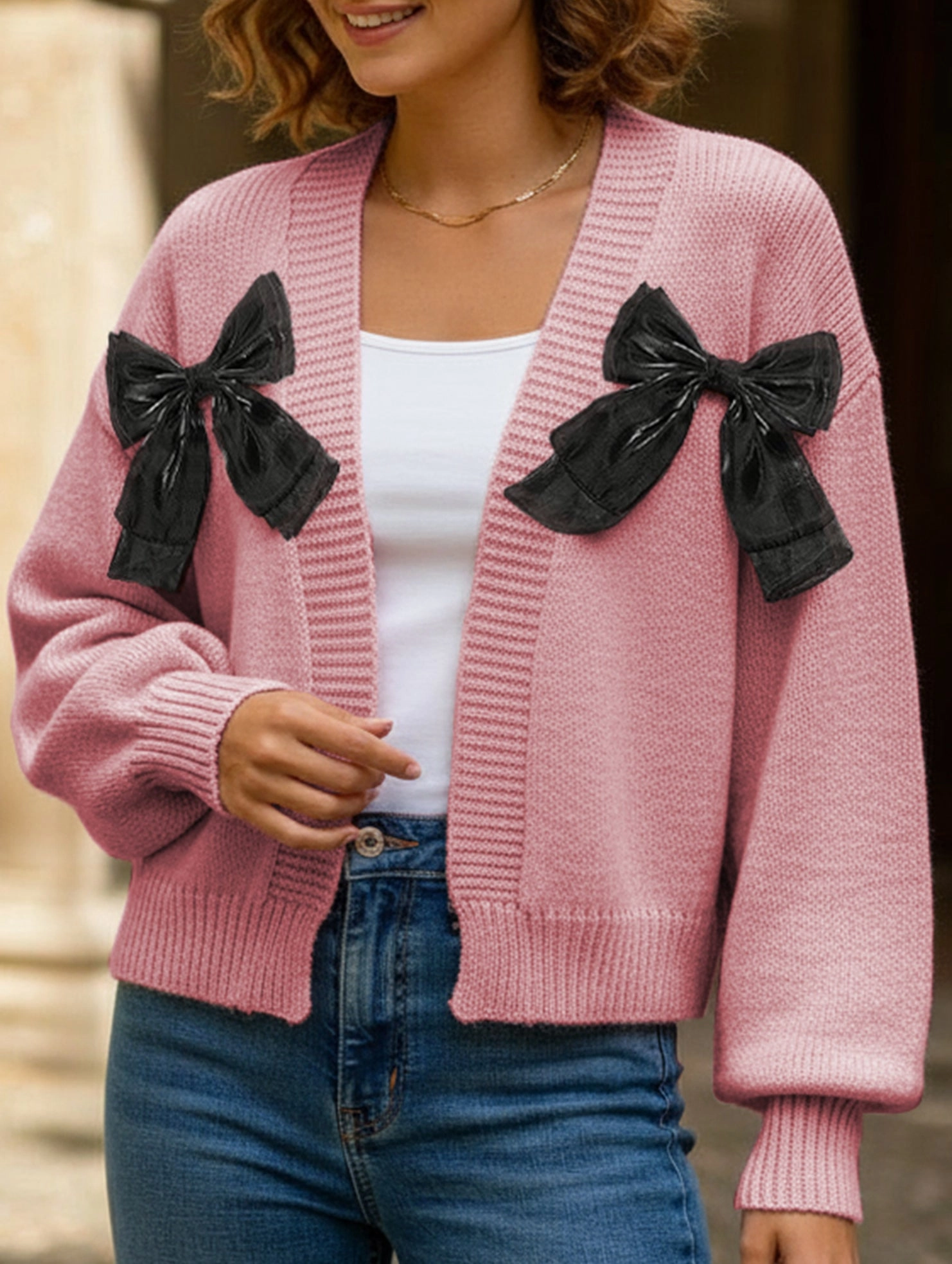 Women's Ribbon Bow Spliced Cardigan Sweater simple design