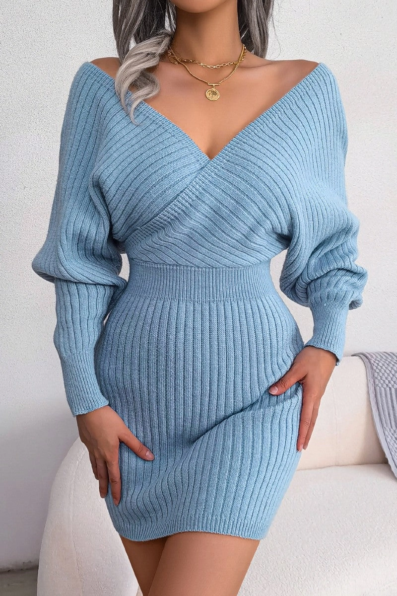 WOMEN SEXY WRAP SLIM WAIST KNITTED SHORT DRESS Youthful Feel Elegant Layers