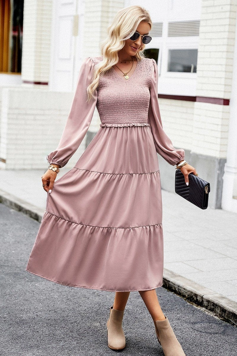 Guest Glam Dreamy Simplicity WOMEN SMOCKED LONG SLEEVE TIERED CAKE FLOWY DRESS