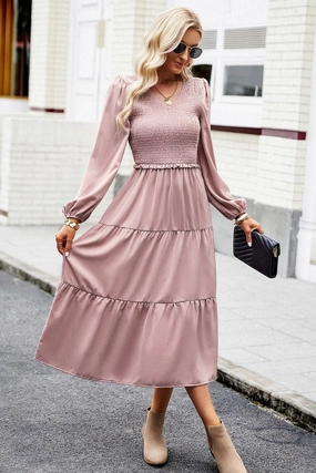 WOMEN SMOCKED LONG SLEEVE TIERED CAKE FLOWY DRESS Style Base Luxe Fabric