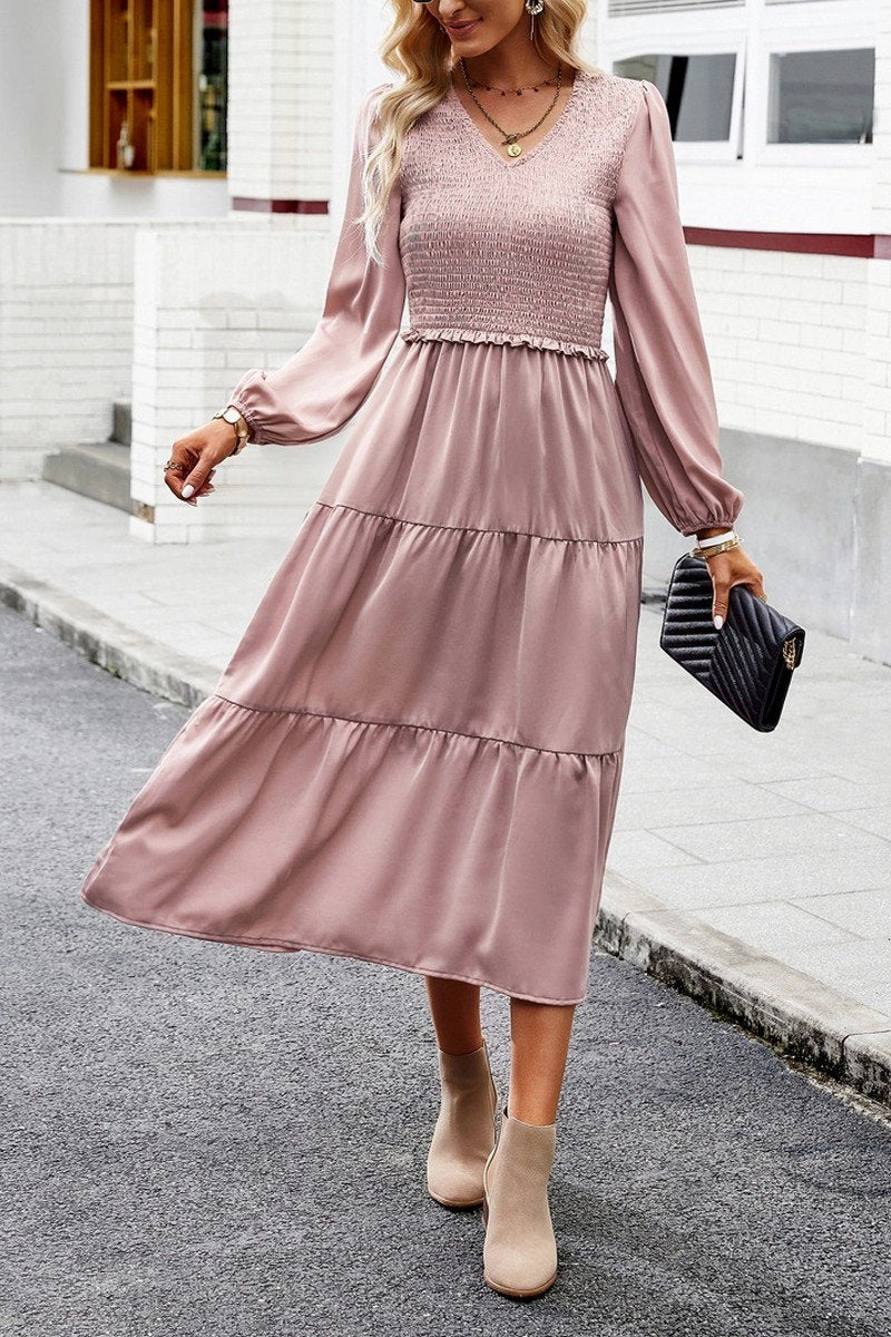 WOMEN SMOCKED LONG SLEEVE TIERED CAKE FLOWY DRESS Light Rhythm Flowy Layers