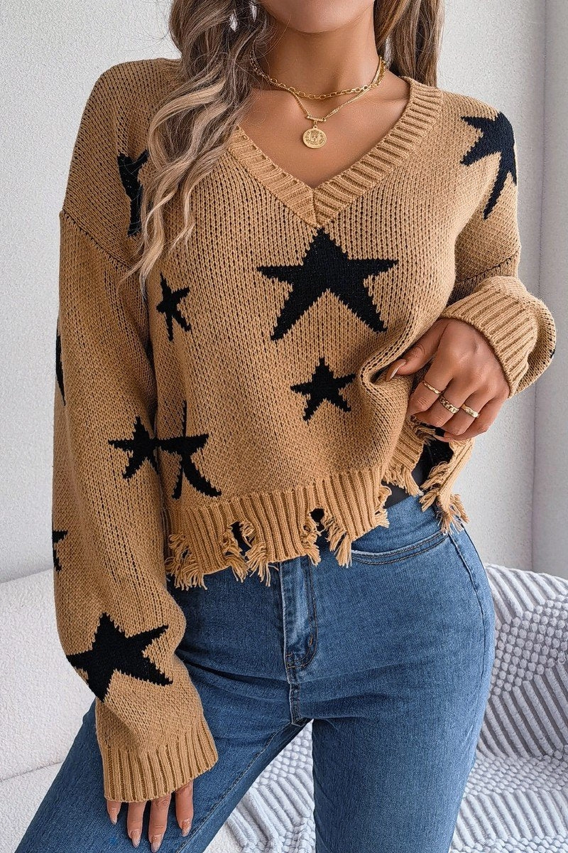 WOMEN STAR PRINTING DISTRESSED HEM KNIT SWEATER High Thread Count Cotton
