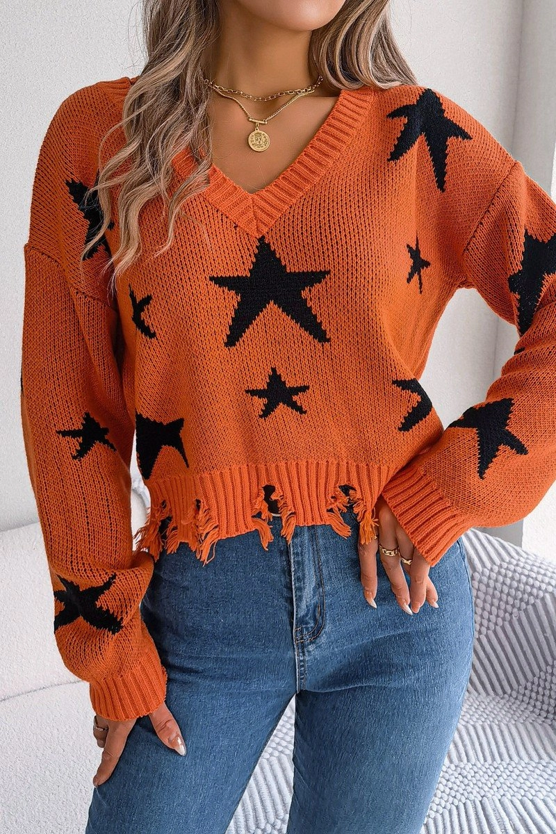 Organic Cotton Fiber Bonded Seam Construction WOMEN STAR PRINTING DISTRESSED HEM KNIT SWEATER