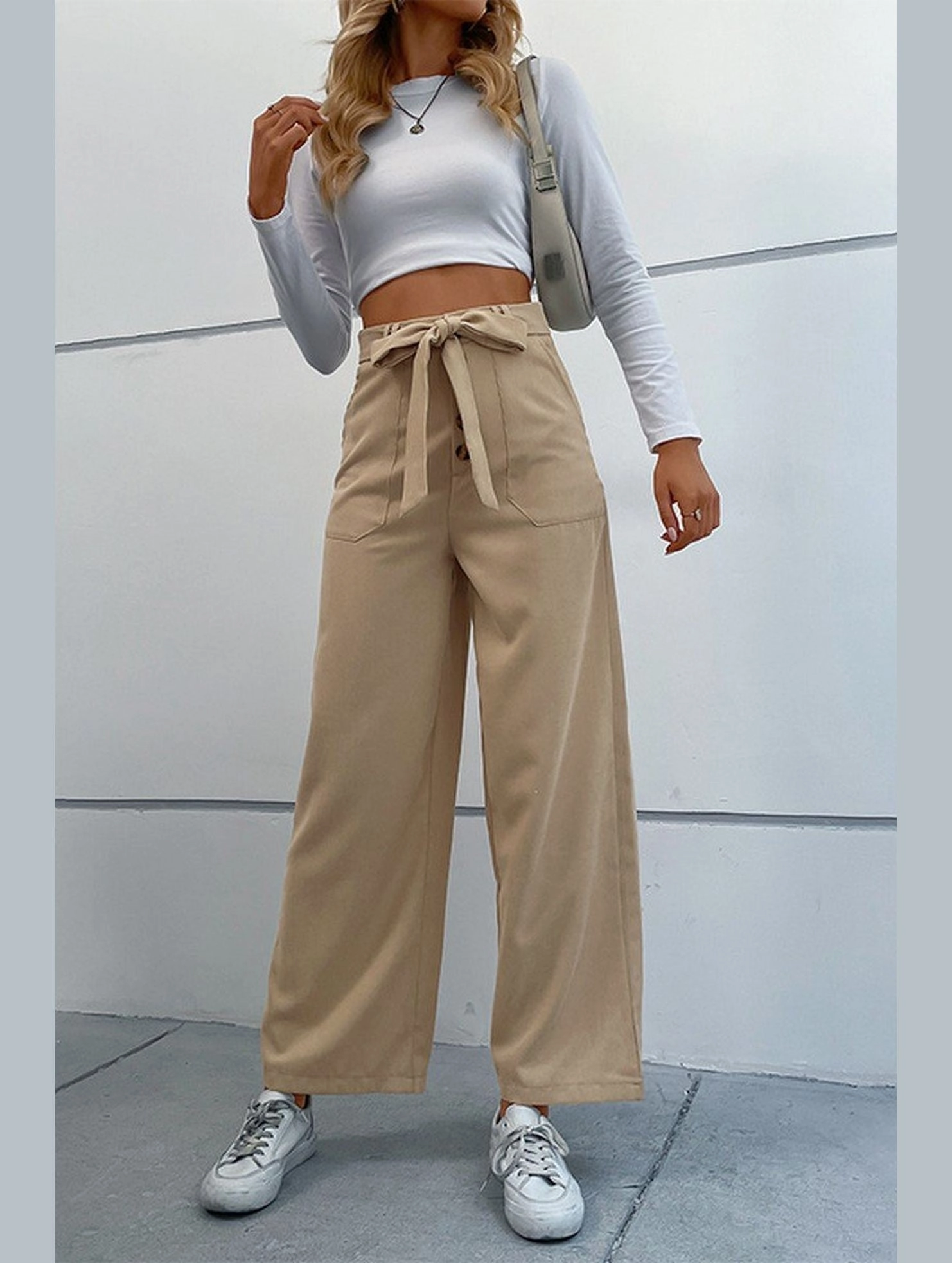 Low Profile Design WOMEN STRAIGHT LEG FRONT TIED LONG CASUAL PANTS