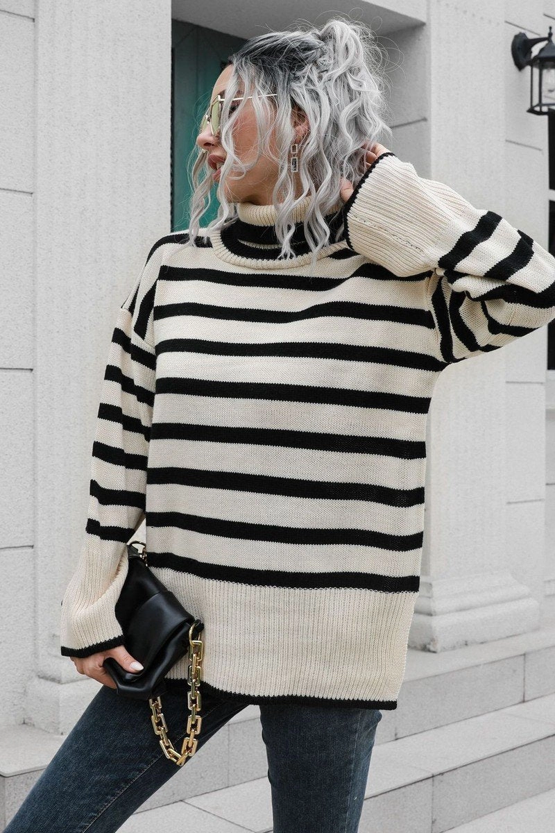 WOMEN STRIPED SIDE SLIT TURTLENECK LOOSE SWEATER Non Chafing Side Seams
