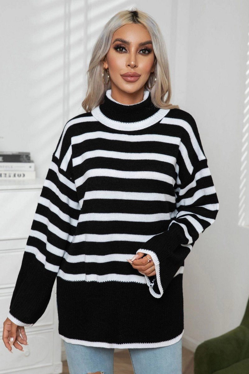Interlock Knit SeamFree Knitting WOMEN STRIPED SIDE SLIT TURTLENECK LOOSE SWEATER