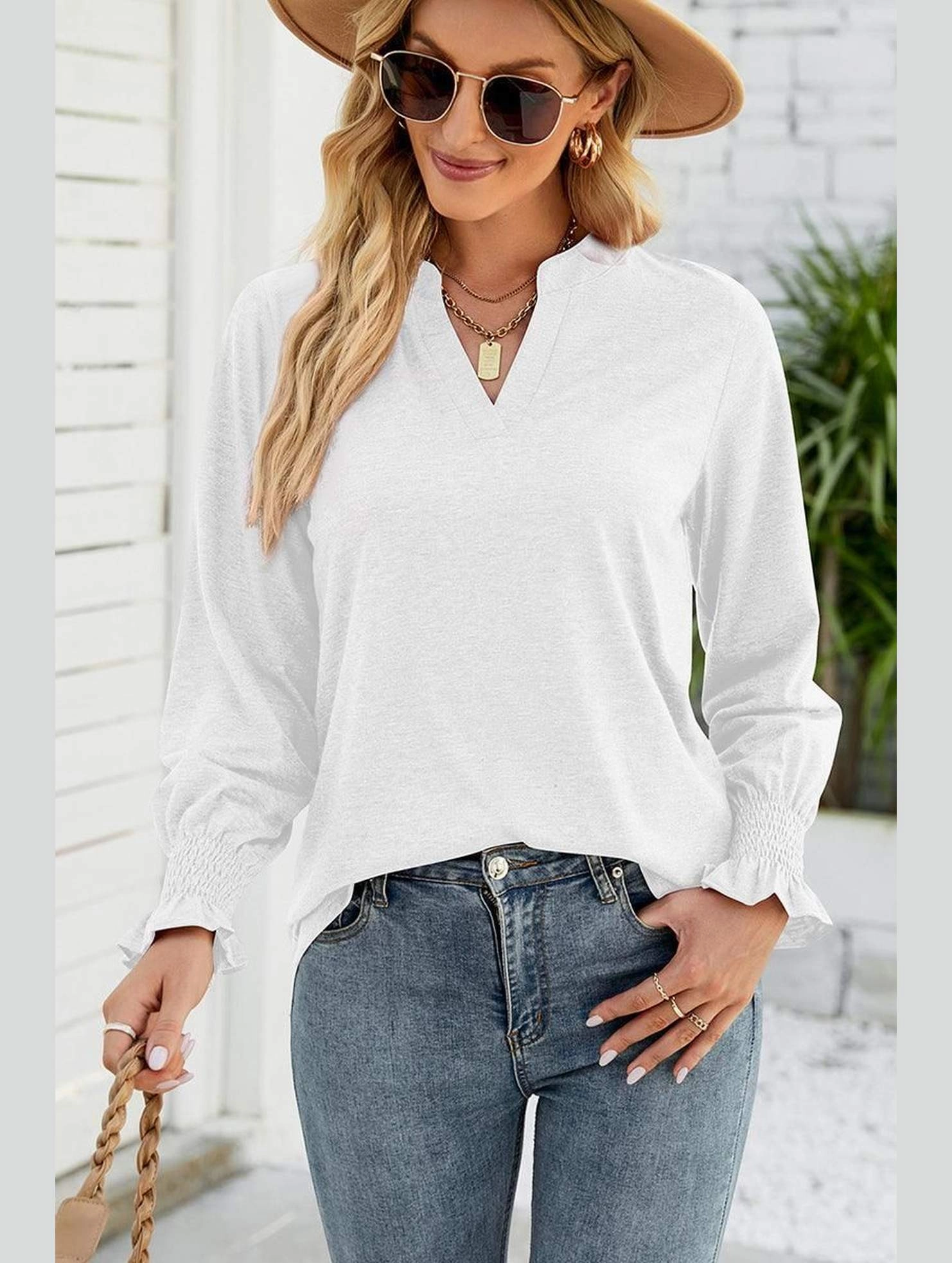 VentilatedBackPanel WOMEN V NECK FITTED RUFFLE SLEEVE OVERSIZED TOP