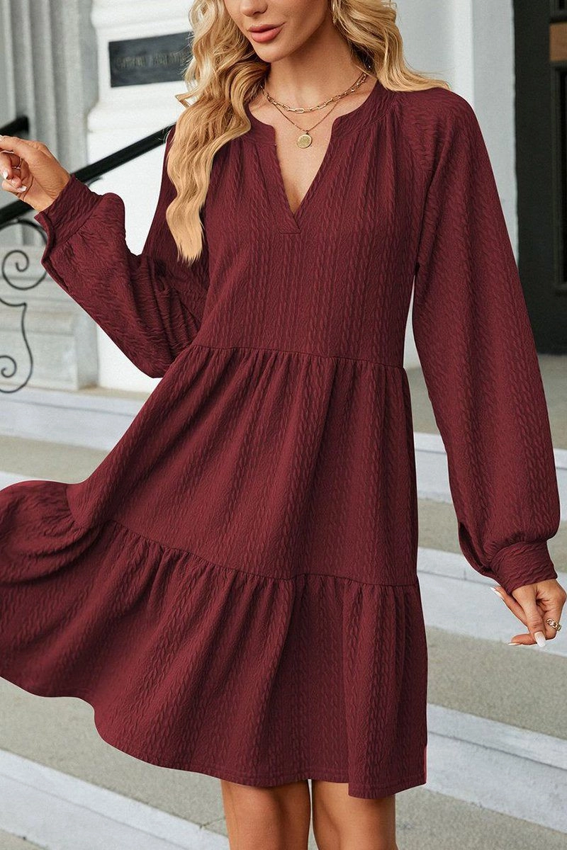 WOMEN V NECK RUFFLED CAKE LONG SLEEVE DRESS Perfect Comfort Wear Urban Fit