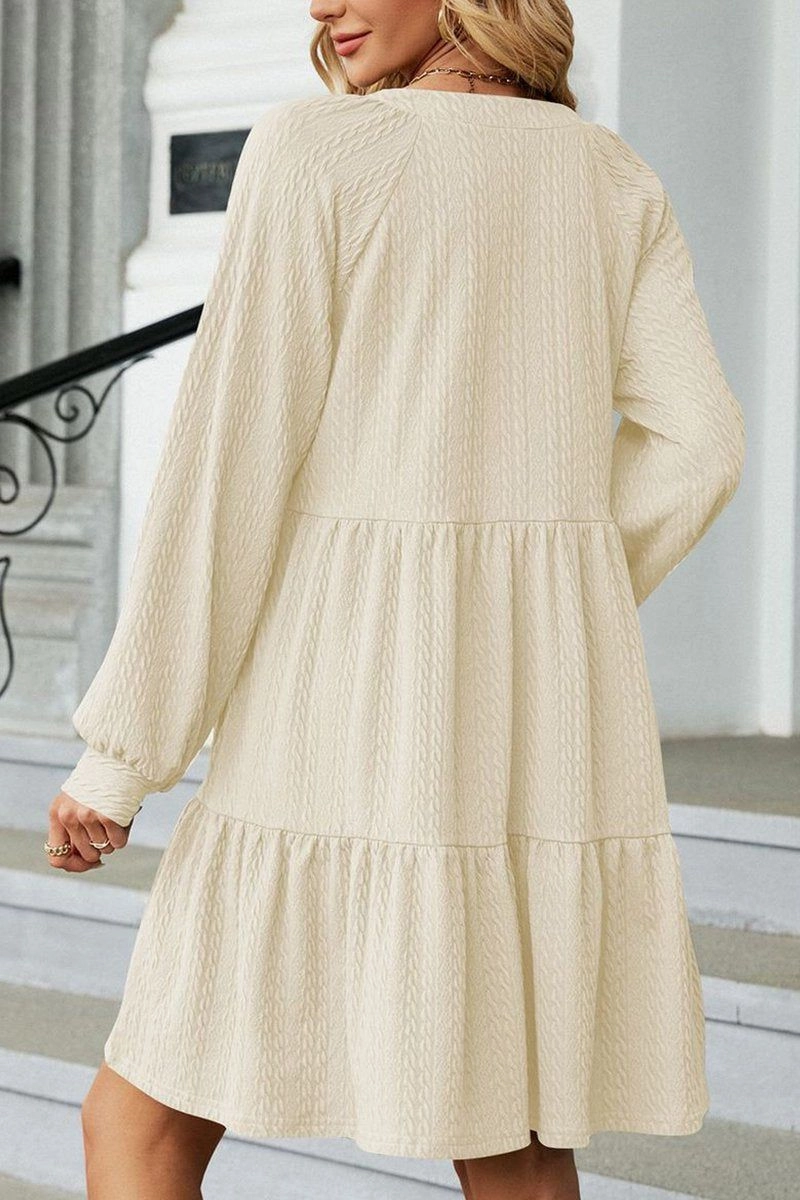 Elegant Outline Light and Comfortable Wear WOMEN V NECK RUFFLED CAKE LONG SLEEVE DRESS